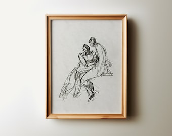 Minimalist Vintage Lovers Sketch Printable: Abstract Portrait Wall Art, Valentine’s Day Download