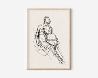 Vintage Female Figure Sketch | Minimalist Wall Art Bathroom Decor | Neutral Modern Wall Art Figure Art