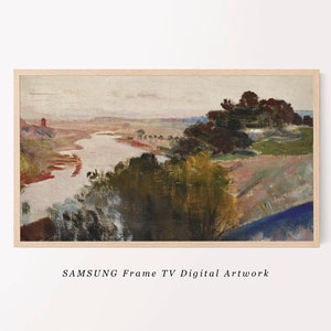 May include: A framed painting depicting a landscape with a river meandering through a valley. The painting is rendered in a muted colour palette of greens, browns, and blues. The river is a light blue, and the trees are a dark green. The sky is a light blue, with some clouds in the distance.