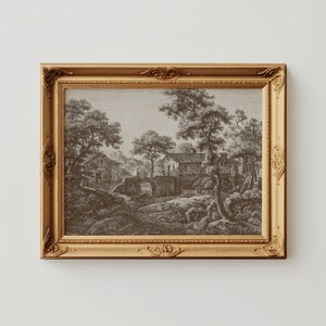 Szkic krajobrazu Antique Cottagecore | Rustykalna sztuka ścienna European Woodland | Ciemnobrązowy neutralny drukowany wystrój