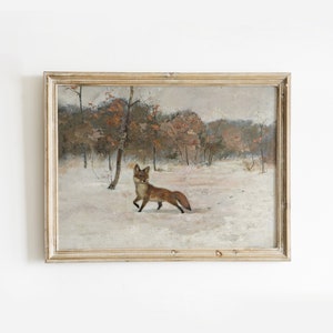 Winter Landscape Fox Oil Painting Vintage Winter Wall Art Snowy Landscape Holiday Wall Decor Animal Downloadable Print image 1