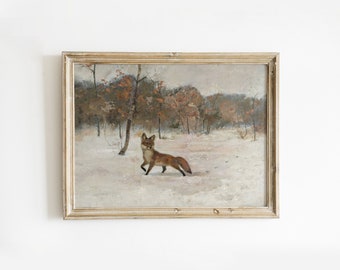 Winter Landscape Fox Oil Painting | Vintage Winter Wall Art | Snowy Landscape Holiday Wall Decor | Animal Downloadable Print