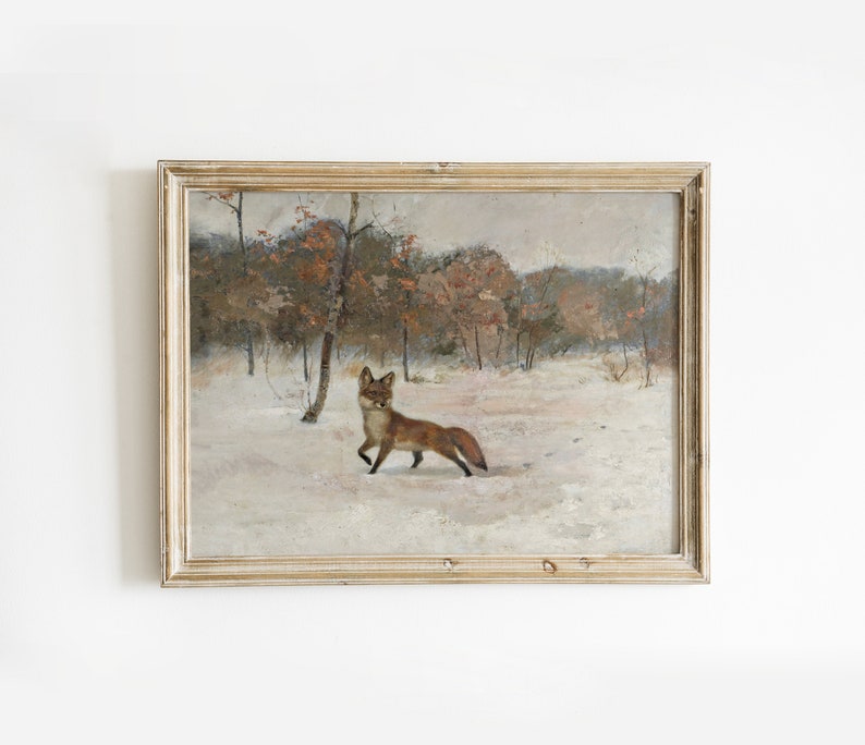 Winter Landscape Fox Oil Painting Vintage Winter Wall Art Snowy Landscape Holiday Wall Decor Animal Downloadable Print image 1