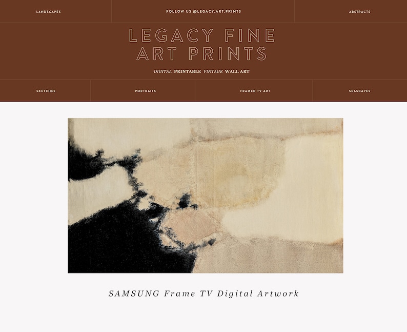 May include: Abstract art print in black, white, and beige tones. The print features a large, abstract shape in the center, with smaller shapes surrounding it. The print is framed in a simple black frame. SAMSUNG Frame TV Digital Artwork.