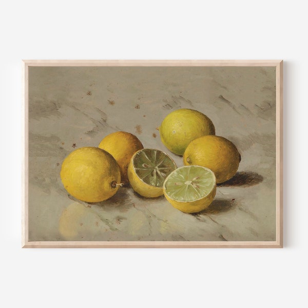 Lemons Still Life Oil Painting Downloadable Print | Kitchen Farmhouse Wall Art Fruit Painting | Summer Still Life Antique Painting