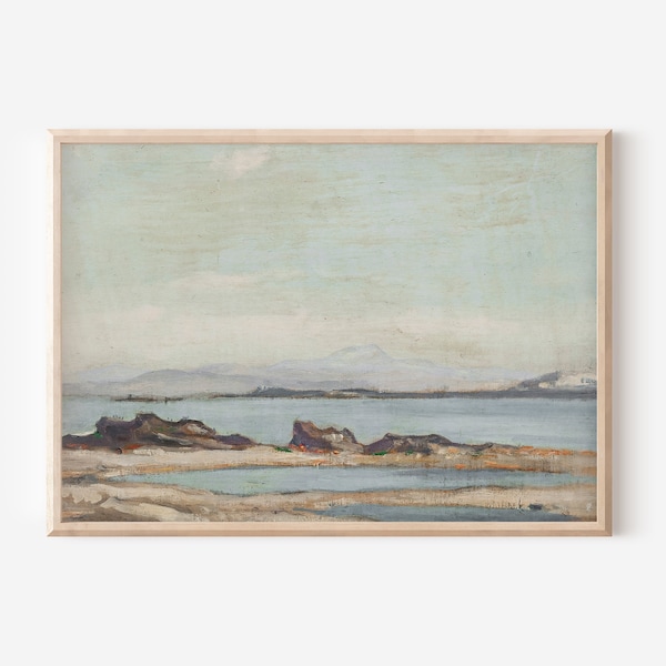 Vintage Coastal Seaside Painting | Antique Seascape Painting | Summer Print Digital Downloadable Painting | Beach House Wall Art Decor