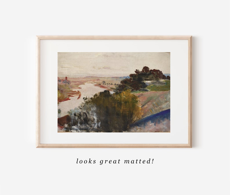 Puede incluir: Una pintura enmarcada de un paisaje con un r&iacute;o serpenteando a trav&eacute;s de un campo. El cielo es de un azul p&aacute;lido con nubes tenues. Los &aacute;rboles son de un verde oscuro y el campo es de un verde claro. El r&iacute;o es de un azul claro y el agua refleja el cielo.