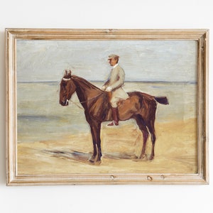 Vintage Chestnut Horse Oil Painting Antique Equestrian Downloadable Print Coastal Landscape Farmhouse Decor image 1