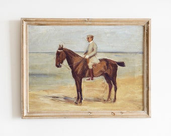 Vintage Chestnut Horse Oil Painting | Antique Equestrian Downloadable Print | Coastal Landscape Farmhouse Decor