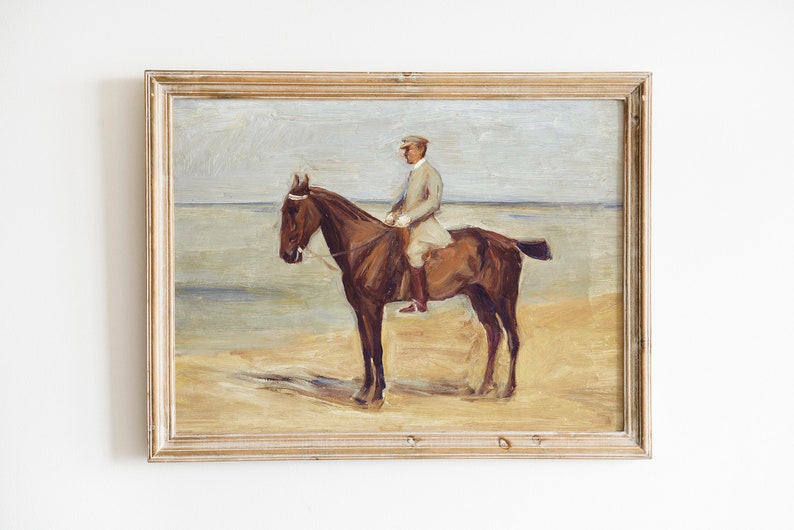 Vintage Chestnut Horse Oil Painting Antique Equestrian Downloadable Print Coastal Landscape Farmhouse Decor image 1