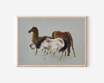 May include: A watercolor painting of three horses running. The horses are brown, gray, and white with black markings. The background is a light blue.