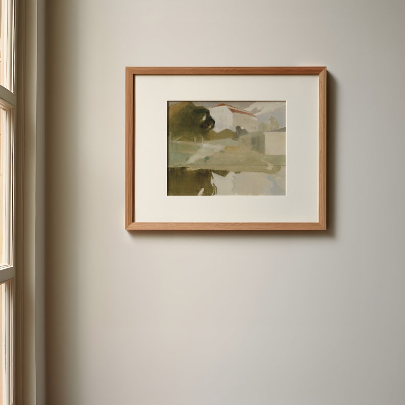 May include: A framed painting of a landscape with a white building and a tree reflected in a body of water.