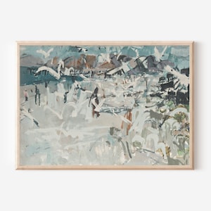 Op de afbeelding: Abstract schilderij in een kleurenschema van blauw, grijs en wit. Het schilderij toont een landschap met een verscheidenheid aan penseelstreken en texturen.