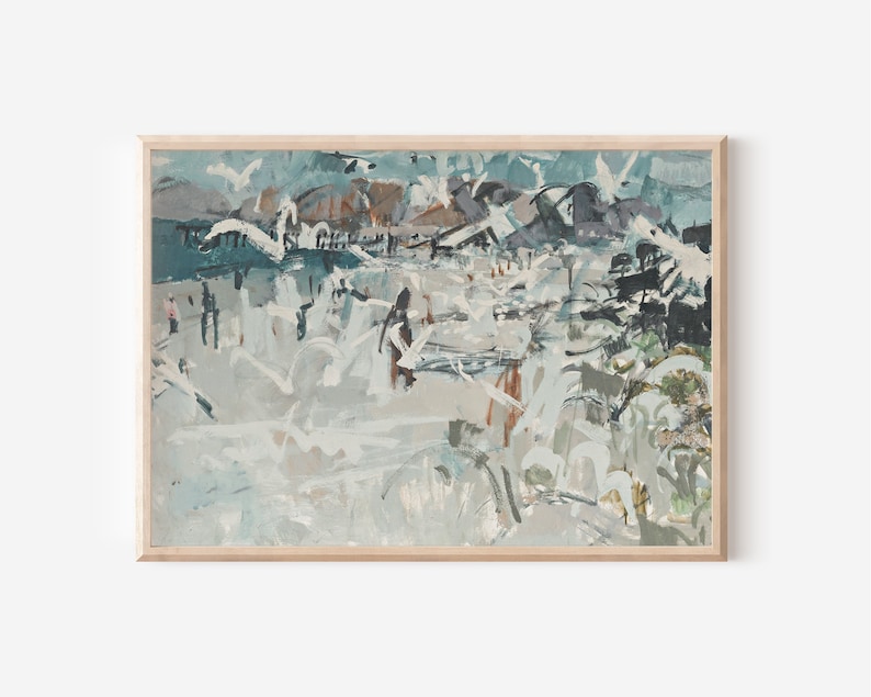 Op de afbeelding: Abstract schilderij in een kleurenschema van blauw, grijs en wit. Het schilderij toont een landschap met een verscheidenheid aan penseelstreken en texturen.