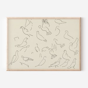 Neutral Wall Art Doves Vintage Sketch | Large Wall Art Cottage Core Decor | Mid Century Modern Downloadable Art