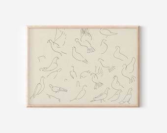 Neutral Wall Art Doves Vintage Sketch | Large Wall Art Cottage Core Decor | Mid Century Modern Downloadable Art