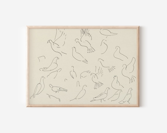 Neutral Wall Art Doves Vintage Sketch | Large Wall Art Cottage Core Decor | Mid Century Modern Downloadable Art
