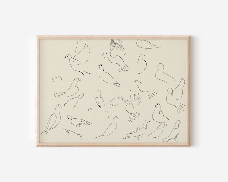 May include: A black and white line drawing of multiple pigeons in various poses, including flying, perched, and in mid-flight. The drawing is on a light beige background and framed in a light wood frame.