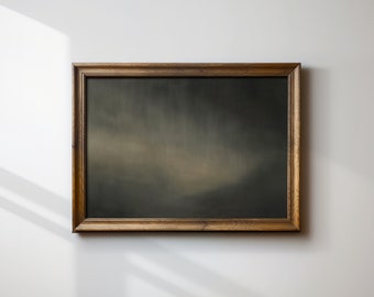 May include: A framed painting with a dark green and brown abstract landscape. The painting is in a simple wooden frame.