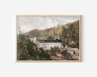 European Landscape Oil Painting | Vintage Villa Landscape Wall Art Printable Download | Large Poster Mountain Painting