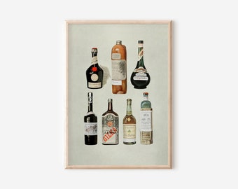 Peut inclure: Une illustration vintage de sept bouteilles de liqueur différentes. Les bouteilles sont disposées en deux rangées, la rangée supérieure contenant trois bouteilles et la rangée inférieure contenant quatre bouteilles. Les bouteilles sont toutes de formes et de tailles différentes, et elles sont toutes étiquetées avec des noms et des marques différents. Les bouteilles sont toutes sur un fond vert clair.