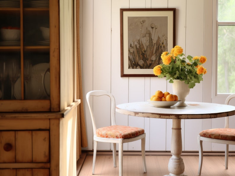 May include: A white round table with a white pedestal base, two white chairs, and a bouquet of yellow flowers in a white vase. The table is set with a white bowl of oranges.