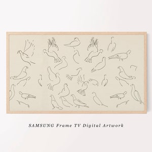 Puede incluir: Una obra de arte digital enmarcada que presenta un dibujo de línea minimalista de varias aves en diferentes poses. La obra de arte está sobre un fondo beige claro y está enmarcada en un marco de madera claro. El texto "SAMSUNG Frame TV Digital Artwork" se muestra debajo del marco.