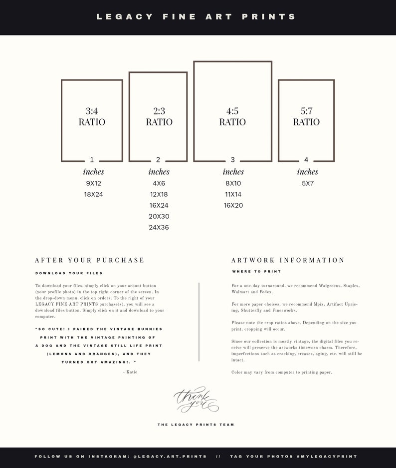 May include: A guide to print sizes for fine art prints. The guide shows different aspect ratios and corresponding print sizes in inches. The text includes the phrase "Legacy Fine Art Prints".