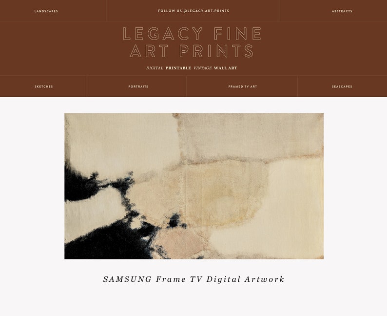 May include: Abstract art print in shades of beige, black, and white. The print is displayed on a Samsung Frame TV. The text "SAMSUNG Frame TV Digital Artwork" is displayed below the print.