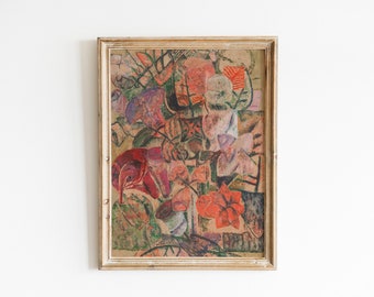 Arte mural botánico abstracto vintage / Pintura al óleo de ramo floral abstracto único imprimible / Descarga instantánea de estética grandmillennial