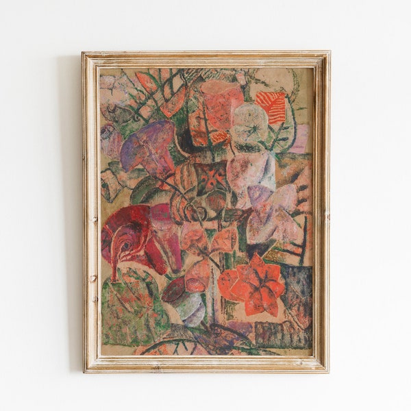 Art mural botanique abstrait vintage | Peinture à l'huile unique de bouquet floral abstrait imprimable | Esthétique grand-millénaire à téléchargement immédiat