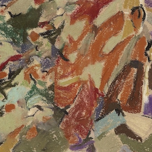 May include: Abstract pastel artwork in a mix of warm and cool tones. The composition features strokes of orange, red, green, and blue, creating a textured and dynamic visual effect. The artwork has a painterly quality.