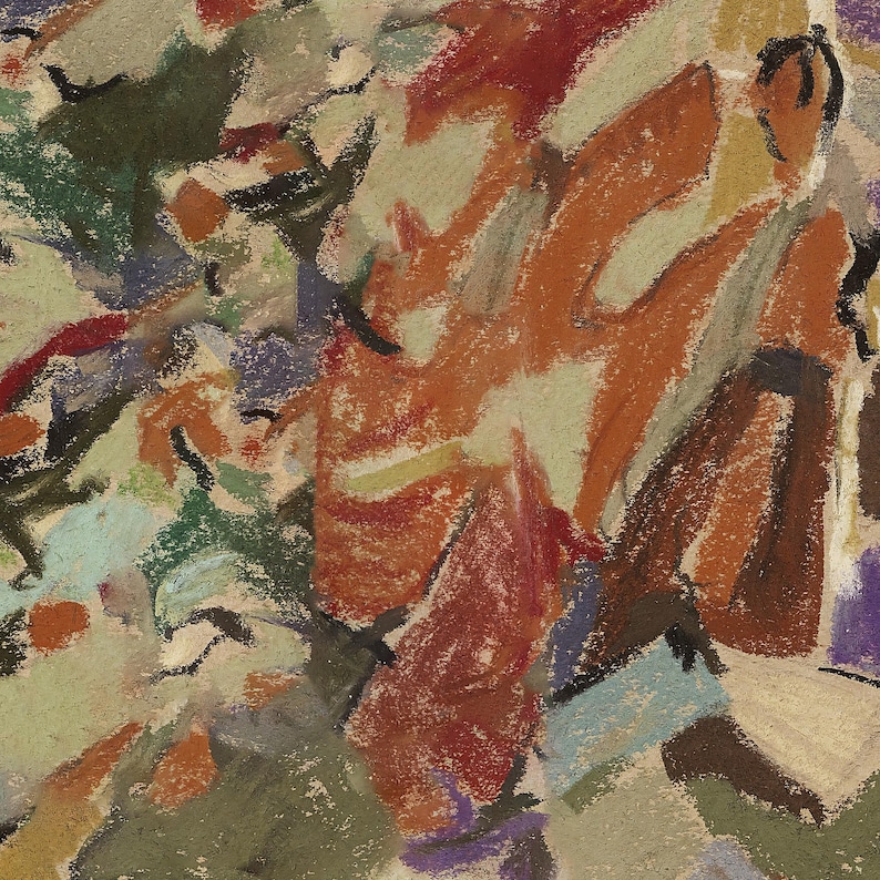 May include: Abstract pastel artwork in a mix of warm and cool tones. The composition features strokes of orange, red, green, and blue, creating a textured and dynamic visual effect. The artwork has a painterly quality.