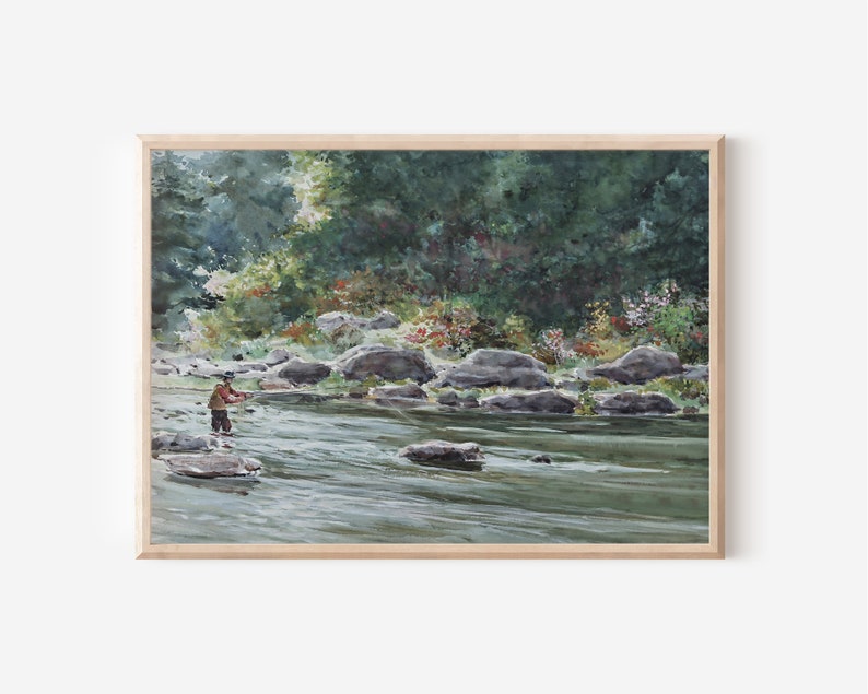 May include: A watercolor painting of a person fly fishing in a river. The river is surrounded by green trees and rocks. The water is a light blue-green color.