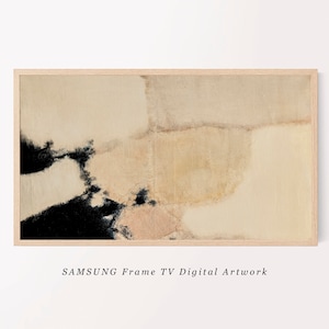 May include: Abstract digital artwork displayed on a Samsung Frame TV. The artwork features a beige background with black and pink abstract shapes.