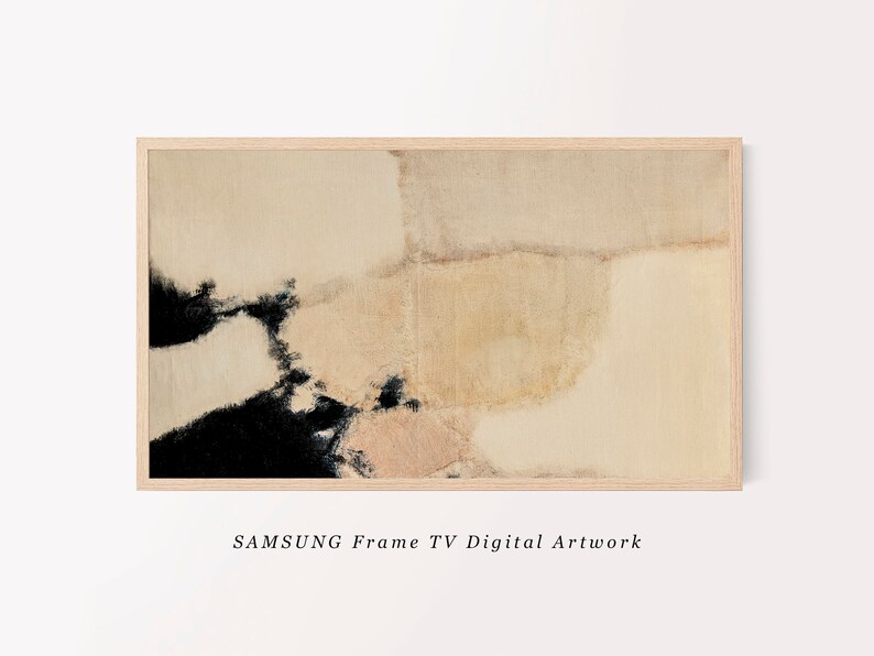 May include: Abstract digital artwork displayed on a Samsung Frame TV. The artwork features a beige background with black and pink abstract shapes.