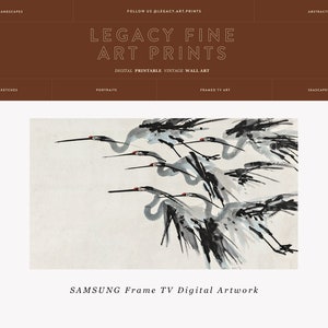 May include: Digital artwork print featuring a flock of birds in flight, rendered in shades of gray and black against a white background. The artwork is labeled "SAMSUNG Frame TV Digital Artwork" and is from Legacy Fine Art Prints.
