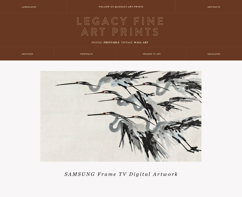 May include: Digital artwork print featuring a flock of birds in flight, rendered in shades of gray and black against a white background. The artwork is labeled "SAMSUNG Frame TV Digital Artwork" and is from Legacy Fine Art Prints.