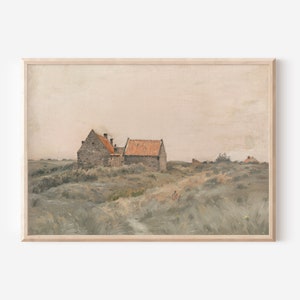 May include: A painting of a rural landscape with three stone houses with red tile roofs. The houses are set against a backdrop of rolling hills and a cloudy sky. The painting is done in a muted palette of browns, greens, and blues.