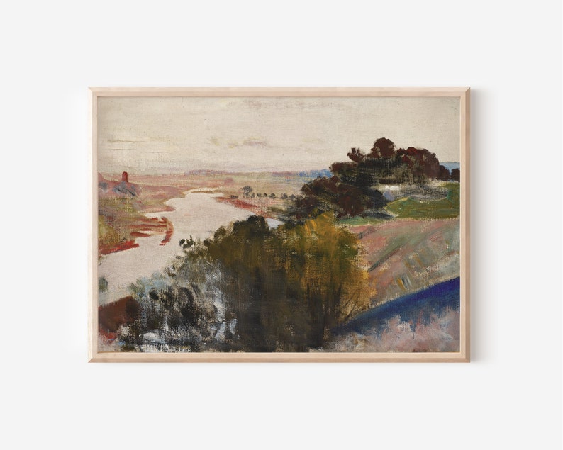 Puede incluir: Una pintura de un paisaje con un r&iacute;o serpenteando a trav&eacute;s de &eacute;l. El r&iacute;o es de color azul claro y la tierra circundante es una mezcla de verde, marr&oacute;n y rojo. Hay &aacute;rboles a ambos lados del r&iacute;o y un peque&ntilde;o edificio rojo en la distancia.