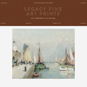 K&ouml;nnte beinhalten: Ein Vintage-Aquarellbild, das eine Hafenszene mit mehreren Segelbooten zeigt, die an einem Pier festgemacht sind. Die Boote sind in Wei&szlig;-, Gr&uuml;n- und Braunt&ouml;nen gemalt, das Wasser ist hellblau. Der Himmel ist hellblau mit ein paar Wolken. Das Bild ist in einem einfachen wei&szlig;en Rahmen gerahmt.