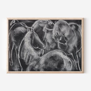 croquis abstrait vintage de chevaux | Décoration de noyau de chalet Décoration de dessus de lit | Impression téléchargeable en noir et blanc | Grande oeuvre d&#39;art murale