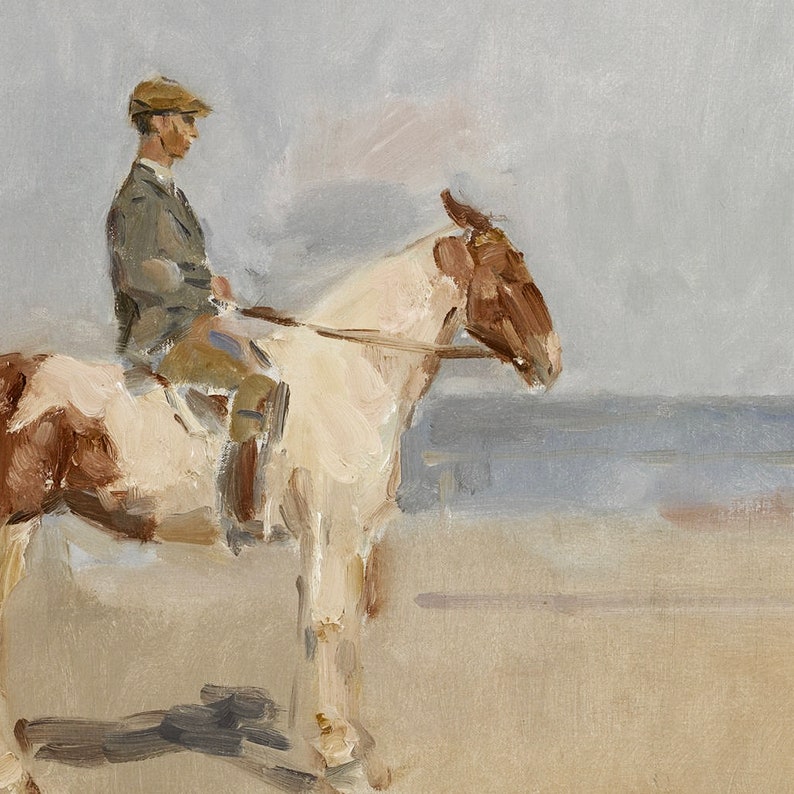 May include: A painting of a person riding a brown and white horse on a beach. The person is wearing a brown hat and a green jacket. The horse is facing to the right and the person is looking straight ahead.