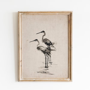 Vintage Blue Heron Painting | Muted Neutral Coastal Wall Art | Gallery Wall Art Downloadable Art Printable