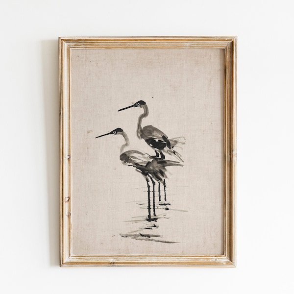 Vintage Blue Heron Painting | Muted Neutral Coastal Wall Art | Gallery Wall Art Downloadable Art Printable