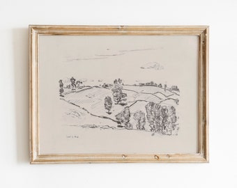 Vintage Charcoal Landscape Sketch | Neutral Wall Art Downloadable Print | Antique Minimalist Italian Meadow Wall Decor