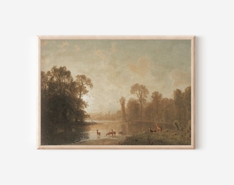 Vintage Deer Wall Art, Woodland Landscape Painting, Cottagecore Decor, Downloadable Art