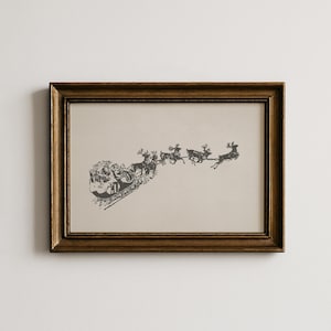 Lámina vintage de Papá Noel y renos para imprimir, decoración navideña para pared, estilo cottagecore para descargar.