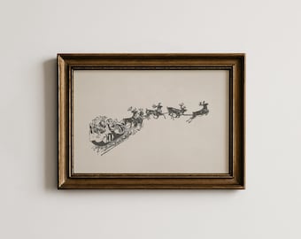 Vintage Santa Reindeer Printable, Christmas Wall Art, Cottagecore Holiday Download