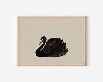 May include: A black swan with a red beak and white eye ring is depicted in a minimalist style against a beige background.